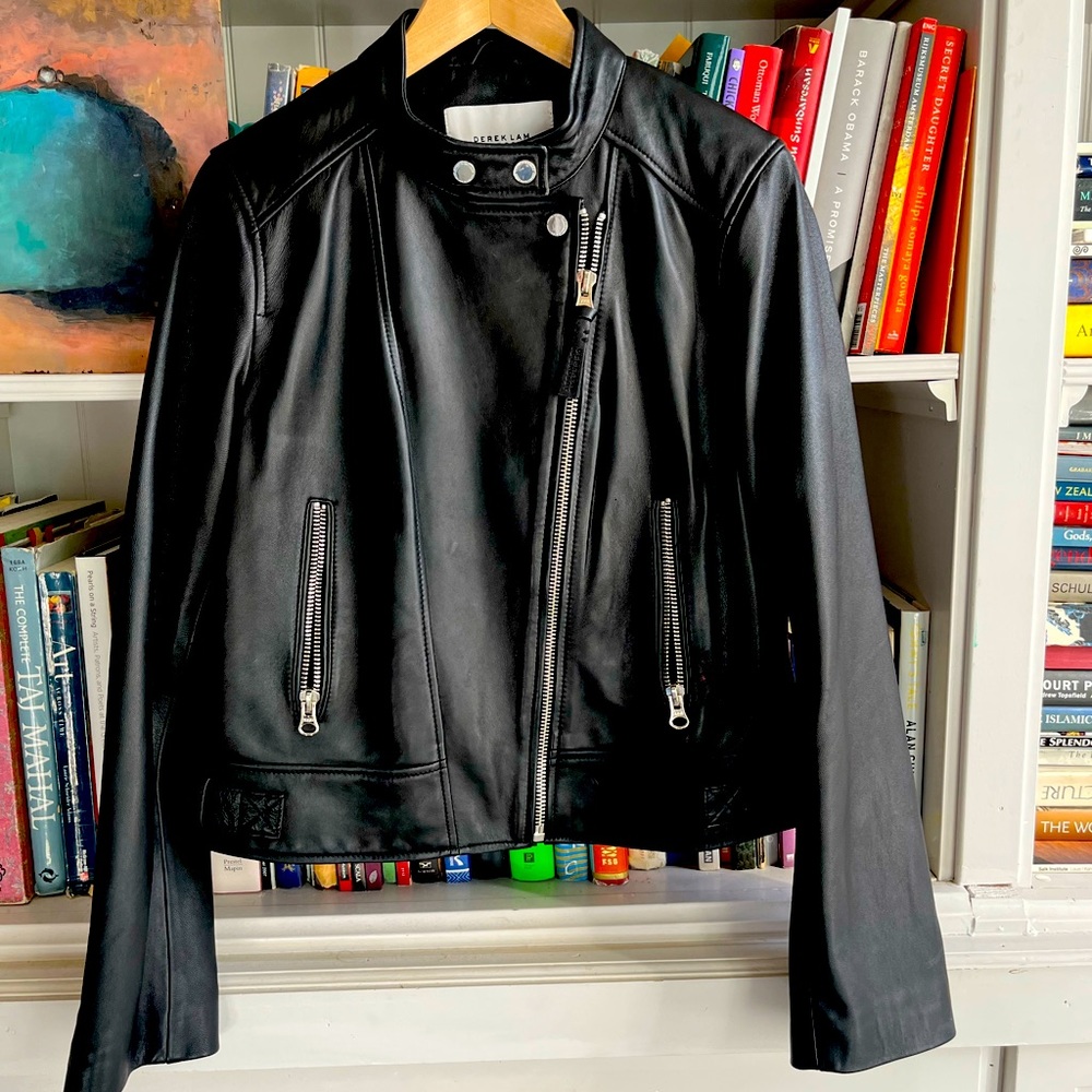 Derek Lam 10 Crosby, tab collar Soft Lambskin Leather Woman’s Jacket BLK Size L